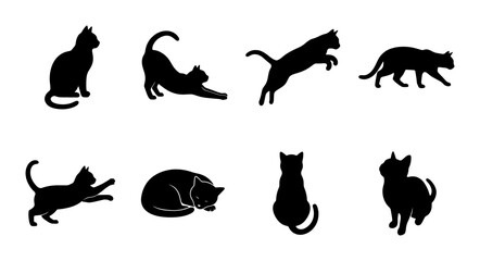 Black cat silhouettes set, 8 vector feline icons in various poses, minimalist domestic cat shapes, jumping and sleeping kitten outlines for graphic design © Mariya