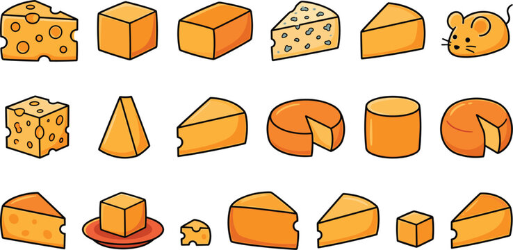 Cheese varieties collection with different slices blocks wedges and dairy products representing food ingredients and culinary illustration set