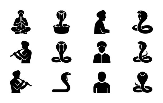 Snake charmer icon set, 12 black solid vector silhouettes of Indian cobra and flute player, traditional street performer and reptile symbols