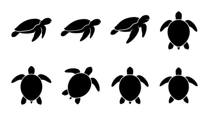 Sea turtle silhouette collection, 8 black turtle icons in various swimming poses, marine animal vector set for ocean conservation and beach branding © Nazia