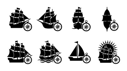 Vintage sailing ship silhouettes with nautical compass, set of 8 black maritime icons, antique wooden vessel vector collection for logos and maps © Nazia