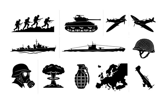 World War II military silhouettes set, vintage army icons including tank and warship, historical combat equipment and soldier vector collection