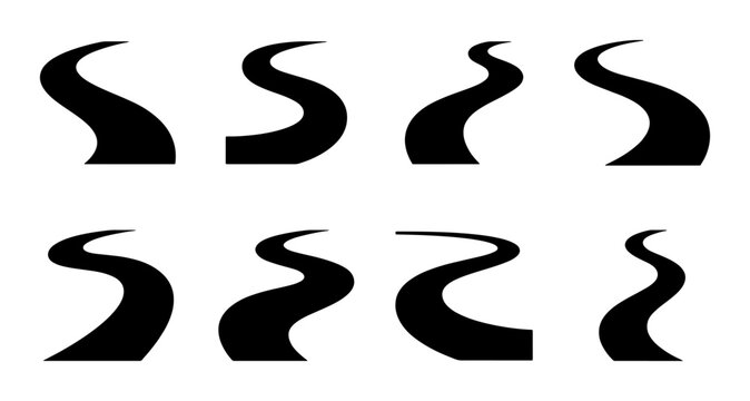 Winding road silhouette icons set, 8 curved path vector symbols, black highway and river trail shapes, minimalist journey and navigation elements