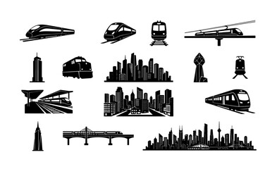 Modern train and city skyline silhouette icons, high speed railway transportation set, urban cityscape and locomotive vector elements for logistics © Nazia
