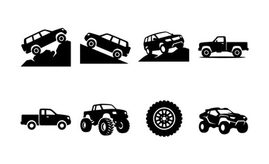 Off-road vehicle silhouette icons, 4x4 suv and monster truck vector set, extreme mountain climbing car graphics, black offroad tire and buggy symbols © Anisur