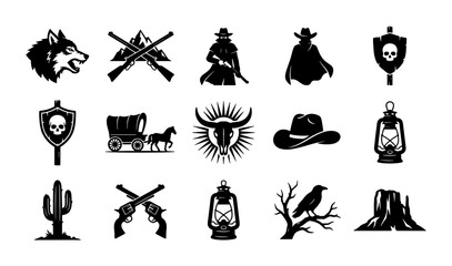 Vintage Wild West icons set, black silhouette cowboy and outlaw graphics, 15 western vector elements for adventure branding and logo design