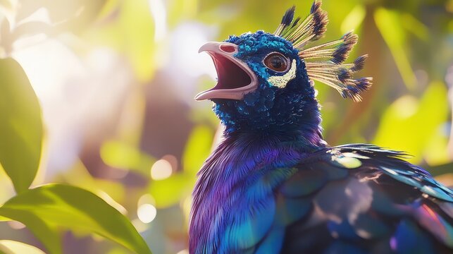Peacock calling in sunlight, lush foliage background. Possible use Nature, wildlife