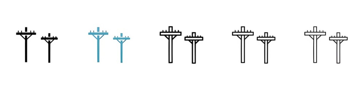 Electricity electric tower vector illustration set. Power pole icon in black color. Thin line customizable illustration. Contour symbol. Vector isolated outline drawing. Editable stroke