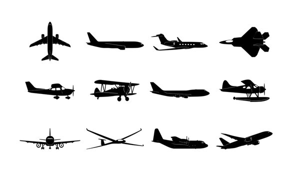 Aviation silhouette collection, 12 airplane vector icons, commercial jet and military aircraft shapes, private plane and glider symbols for flight design
