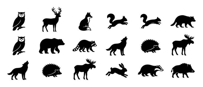 Forest animal silhouettes set, black woodland wildlife icons collection, 18 wild animal vector elements for nature logos and outdoor branding
