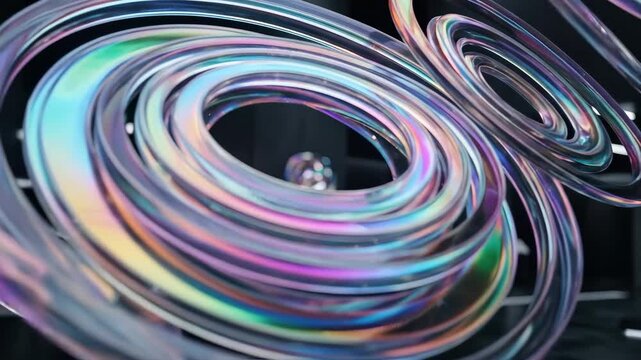 Layered iridescent rings floating like holographic discs, glossy gradient reflections and clean geometric depth with a sleek contemporary glow, ultra-realistic, no logos.