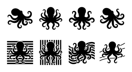 Black octopus silhouette icons set, 8 nautical cephalopod vector symbols, minimalist sea creature illustrations for logo design and marine branding © Mahira