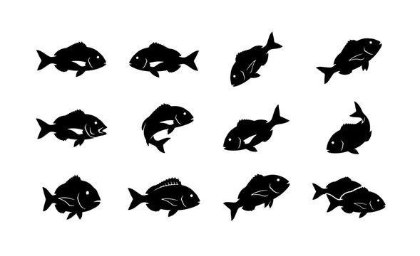 Black fish silhouette vector set, 12 sea bream icons in various swimming poses, minimalist marine animal collection for seafood restaurant branding