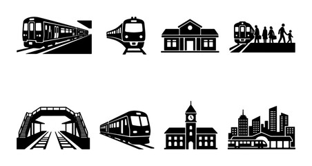 Train station and railway icons set, black subway and locomotive vector silhouettes, public transport and commuter travel graphics, 8 elements © Mahira