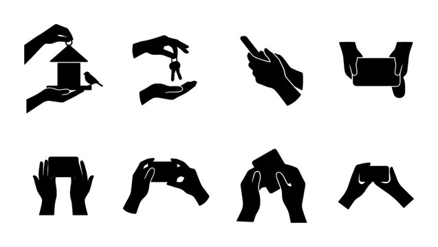 Black silhouette hands holding objects icon set, human hands with smartphone and keys vector, minimalist hand gestures collection for UI design