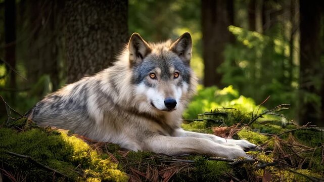 A gray wolf rests on a mossy forest floor, eyes fixed forward. Green forest surrounds