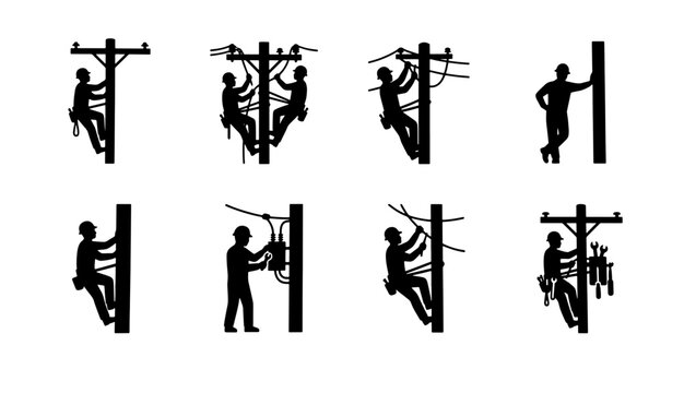 Lineman silhouette set with 8 vector icons, electrical utility workers climbing power poles, professional electricians repairing high voltage lines