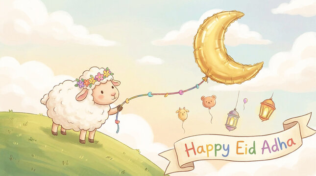 Cute eid adha concept with sheep holding string as crescent balloon floats away in soft pastel scene
