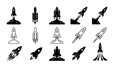 Rocket ship icon set with 15 vector elements, black silhouette and outline spacecraft symbols, launch and startup concept graphics for business © Selim