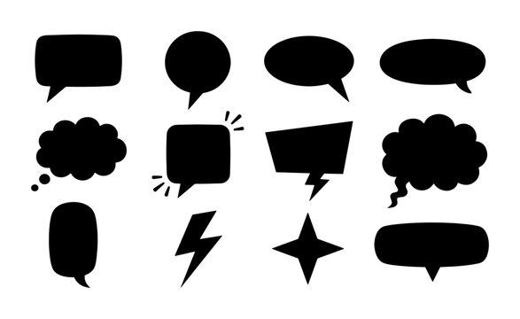 Comic speech bubble silhouettes, black talk cloud icons set, 12 vector dialogue balloons for manga and pop art, blank communication elements