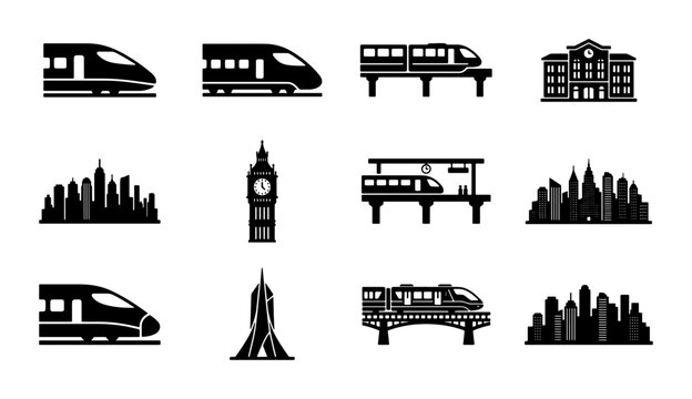 Modern train and city transport icons, set of 12 black vector silhouettes, high speed railway and urban skyline symbols for travel logistics