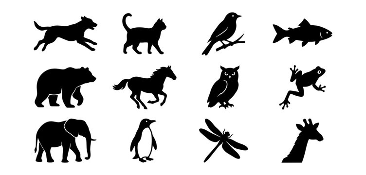 Black animal silhouettes collection, 12 minimalist wildlife vector icons, set of fauna symbols including dog cat bear and elephant, nature graphic elements