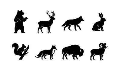 Fototapeta premium Wild animal silhouette collection, 8 forest wildlife vector icons, black bear deer wolf rabbit squirrel fox bison and ram symbols for nature branding