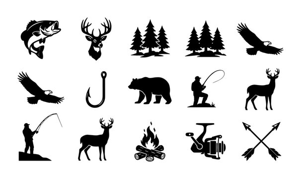 Outdoor adventure hunting and fishing silhouettes, 15 wildlife and camping icons, black nature vector elements for wilderness logo design