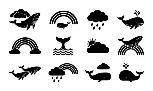 Minimalist whale icon set, black silhouette sea animal vectors, marine life collection with rainbows and clouds, 12 flat ocean nature symbols
