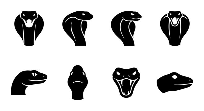 Cobra snake head icons set, black minimalist serpent silhouettes, 8 reptile mascot vector elements, aggressive viper and king cobra logo graphics