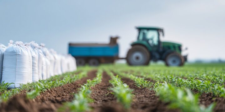 Agricultural field with tractor and fertilizer bags