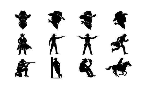 Vintage cowboy silhouettes set, wild west outlaw and gunslinger vector icons, 12 western character elements for logo design and branding