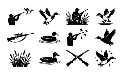 Vintage duck hunting silhouettes set, black mallard waterfowl icons, hunter with shotgun and rifle vector collection, outdoor sport and nature elements © Khairul