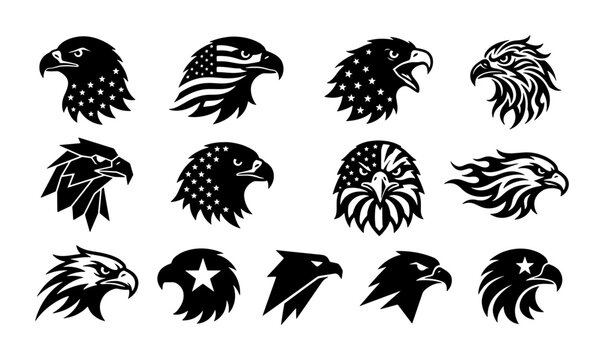 American eagle head mascot collection, 13 patriotic bald eagle silhouettes with stars and stripes, black and white bird of prey vector icons