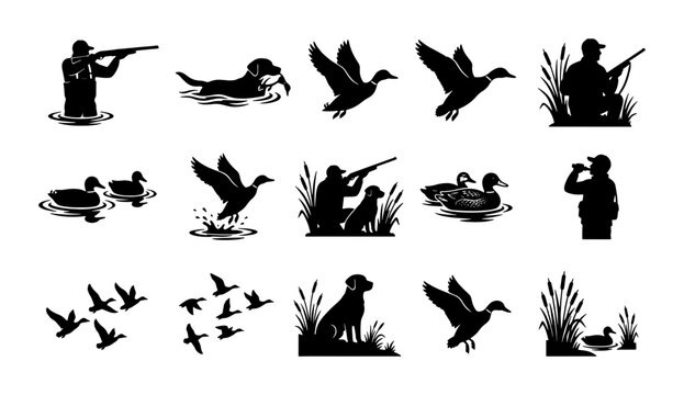 Duck hunting silhouette collection, 15 waterfowl hunter and retriever dog vector icons, flying mallard and marsh bird hunting set for outdoor sports