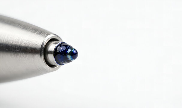 An extreme macro, high-key studio photograph of the tip of a silver ballpoint pen, anchored entirely on the far-left vertical edge. The microscopic tungsten carbide ball bearing is in razor-sharp 