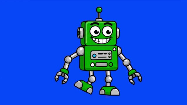 A cheerful 2D green robot with a big smile and antenna, performing a happy dance. Isolated on a blue screen background for professional chroma key compositing in tech or kid-themed videos.