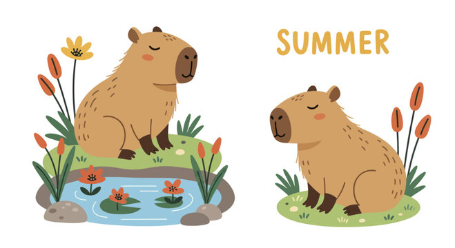 Adorable Capybara Illustration Set with Summer Theme.