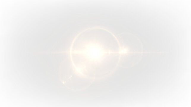 Golden light flare effect with a vibrant central orb and soft circular elements isolated on transparent background, light overlay, PNG