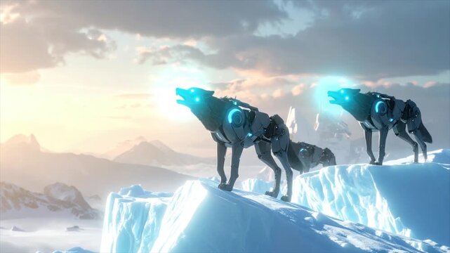 Two futuristic robotic wolves stand on ice, howling. Mountains and a sunset are in the background