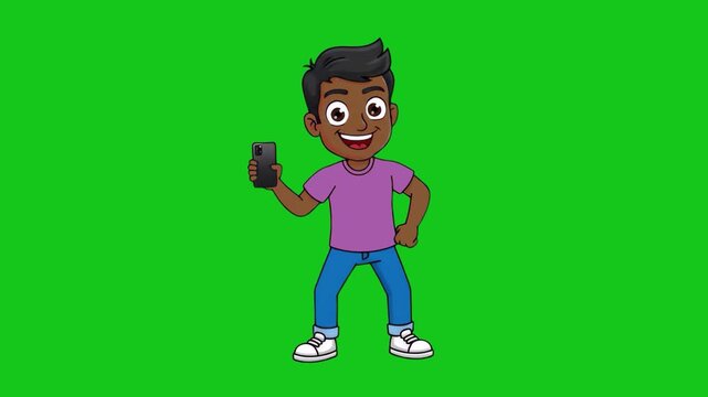 A professional 2D animation of a dark-skinned man with black hair, wearing a purple t-shirt and blue jeans, performing a dance while holding a smartphone. Isolated on a chroma key green screen and opt