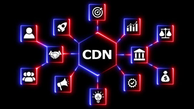 Cdn network communication concept with neon symbols.