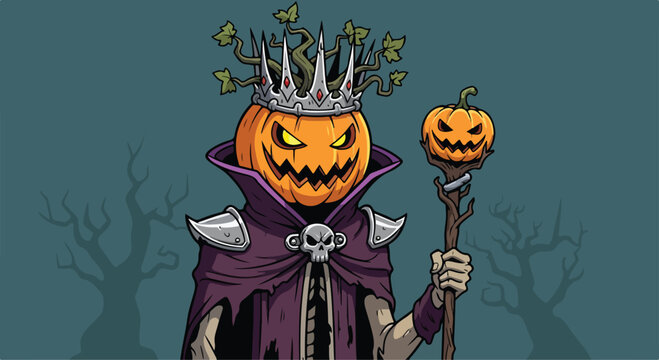 A jack-o-lantern king in a purple cloak