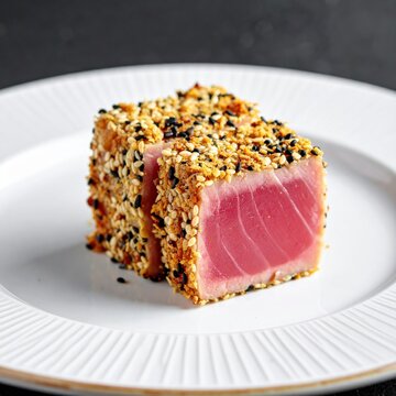 Seared ahi tuna steak coated in sesame seeds served on a white plate, japanese fusion cuisine, raw fish, healthy protein, gourmet appetizer