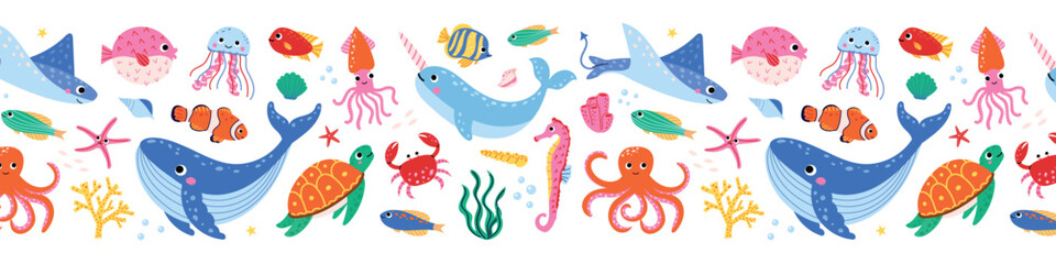 Cute sea animals border. Horizontal ocean creatures repeat with whale, octopus, turtle, narwhal and fish. Vector illustration isolated on white background. © Hanna Bykova