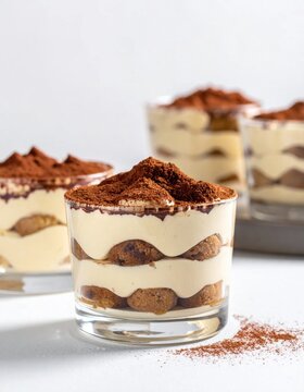 Three glasses of layered tiramisu dessert with mascarpone cream and cocoa powder, perfect for restaurant menu, food blog, catering and bakery advertisement