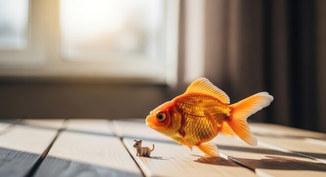 A single goldfish swims on a wooden surface near a window with soft light.
