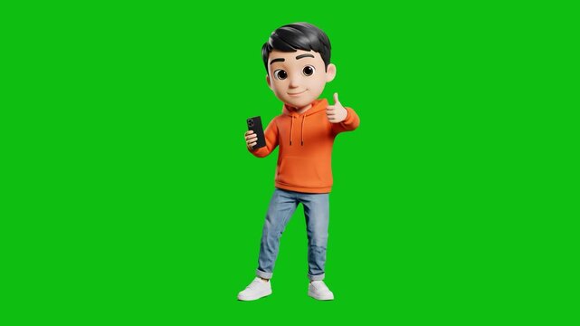 A professional 3D render of a young boy wearing an orange hoodie and jeans, holding a smartphone and giving a thumbs-up gesture. Animated character talking on a chroma key green screen for tech and li