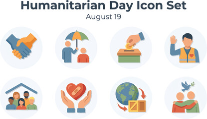 Fototapeta premium World Humanitarian Day Icon Set - Charity, Support, Aid, Community Flat Vector