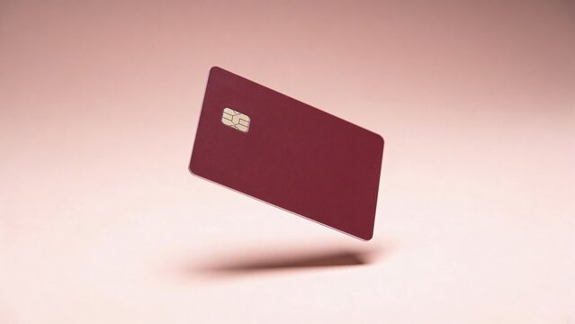 A maroon credit card floats above a soft pink background. The card has a simple design with a small chip visible.